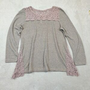 I Love Size L Women Taupe Waffle Knit Crochet Lace Trim Long Sleeve Blouse Top